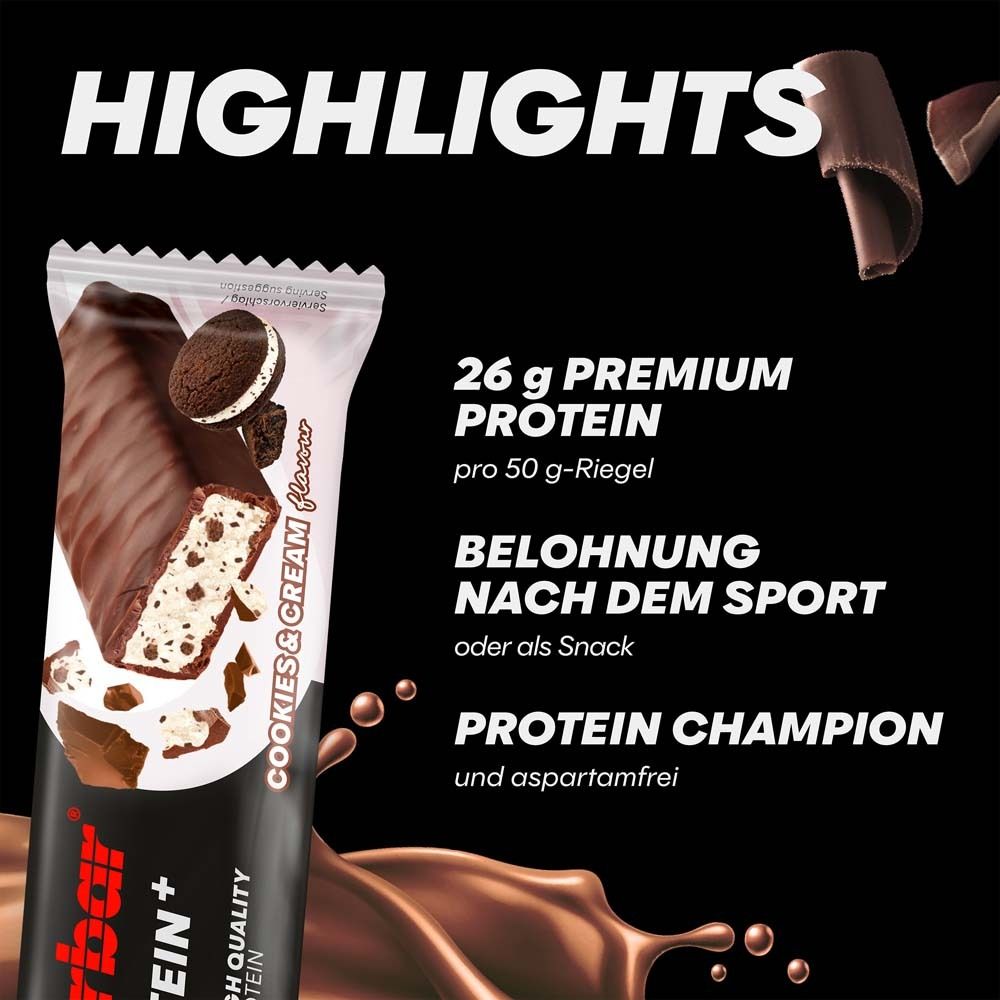 Powerbar 52% Protein Plus Riegel, Cookies & Cream. Text: Highlights, 26g Protein, Belohnung nach dem Sport. Produktname, Geschmack.