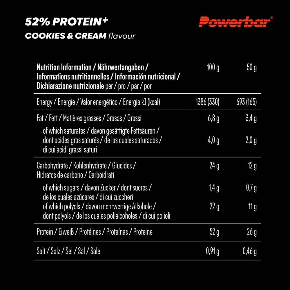 Nährwerttabelle für Powerbar 52% Protein Plus Riegel. Informationen in mehreren Sprachen. Angaben zu Energie, Fett, Kohlenhydraten, Protein.