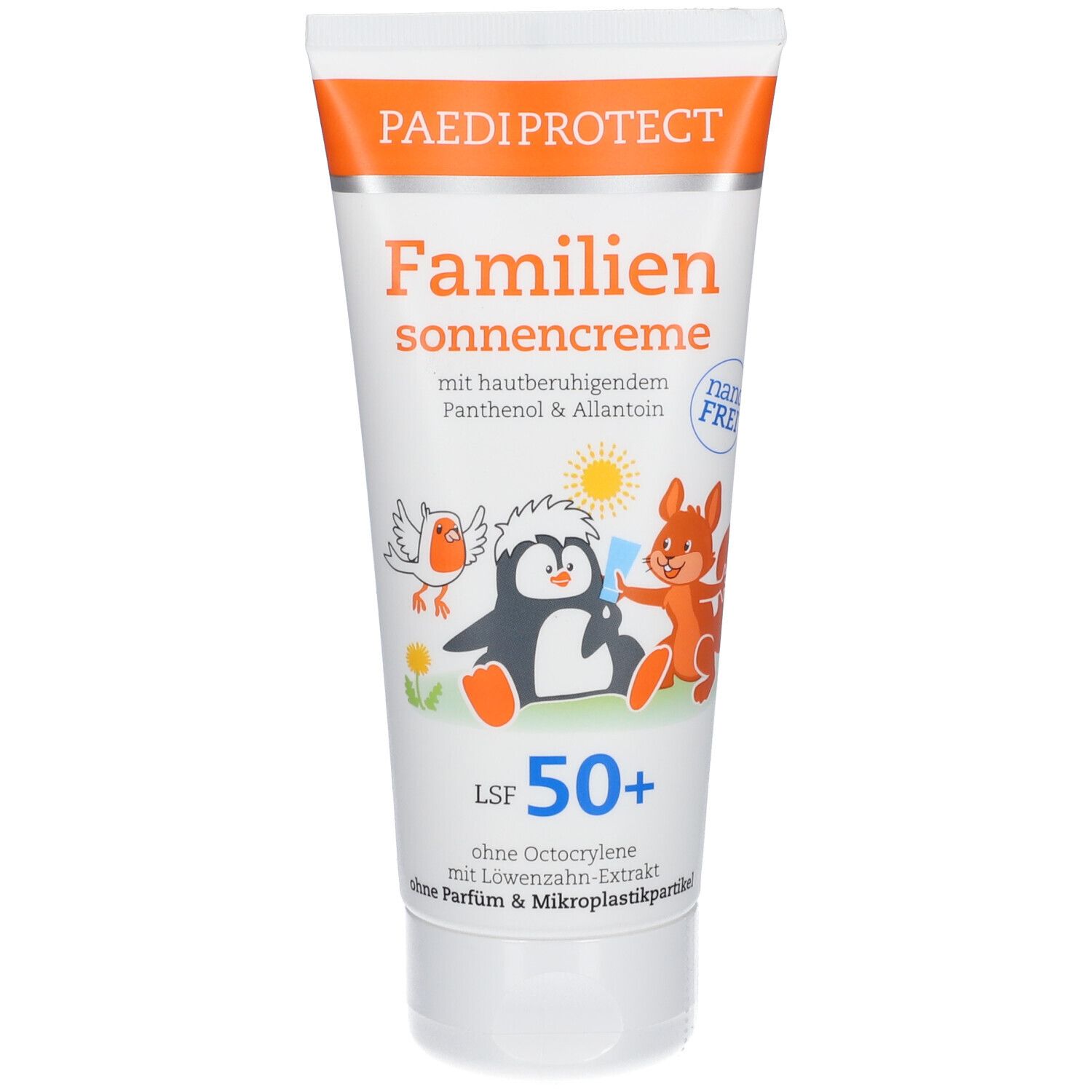 Weiße Tube mit orangefarbenem Deckel. Aufschrift: Familien sonnencreme, LSF 50+. Illustrationen von Tieren.