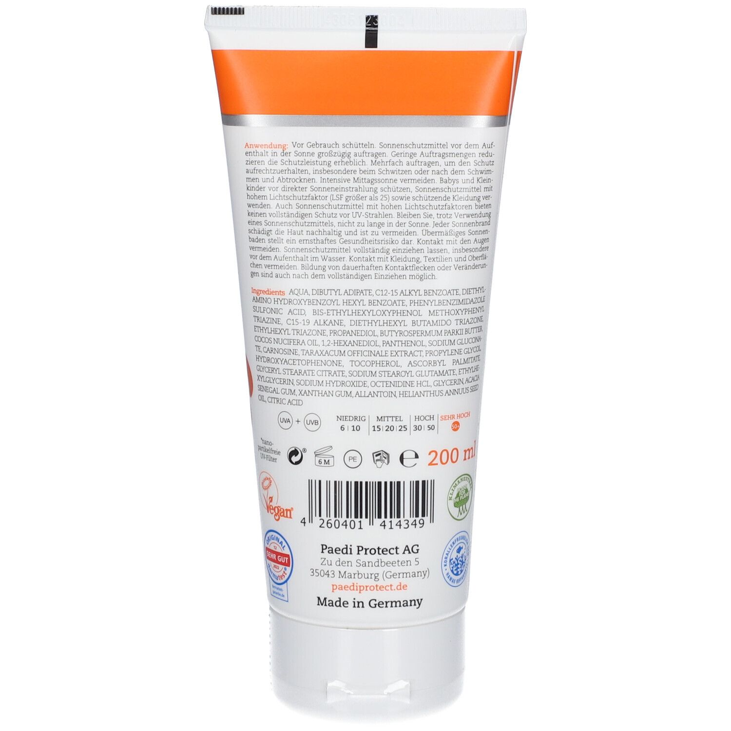 Rückseite der Tube. Text mit Inhaltsstoffen und Anwendungshinweisen. Logo: Vegan, Made in Germany.