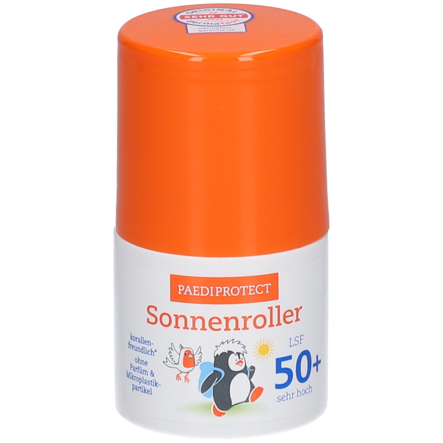 Roll-on solaire avec bouchon orange. Inscription: PAEDIPROTECT Sonnenroller LSF 50+. Illustrations: pingouin, oiseau, soleil.