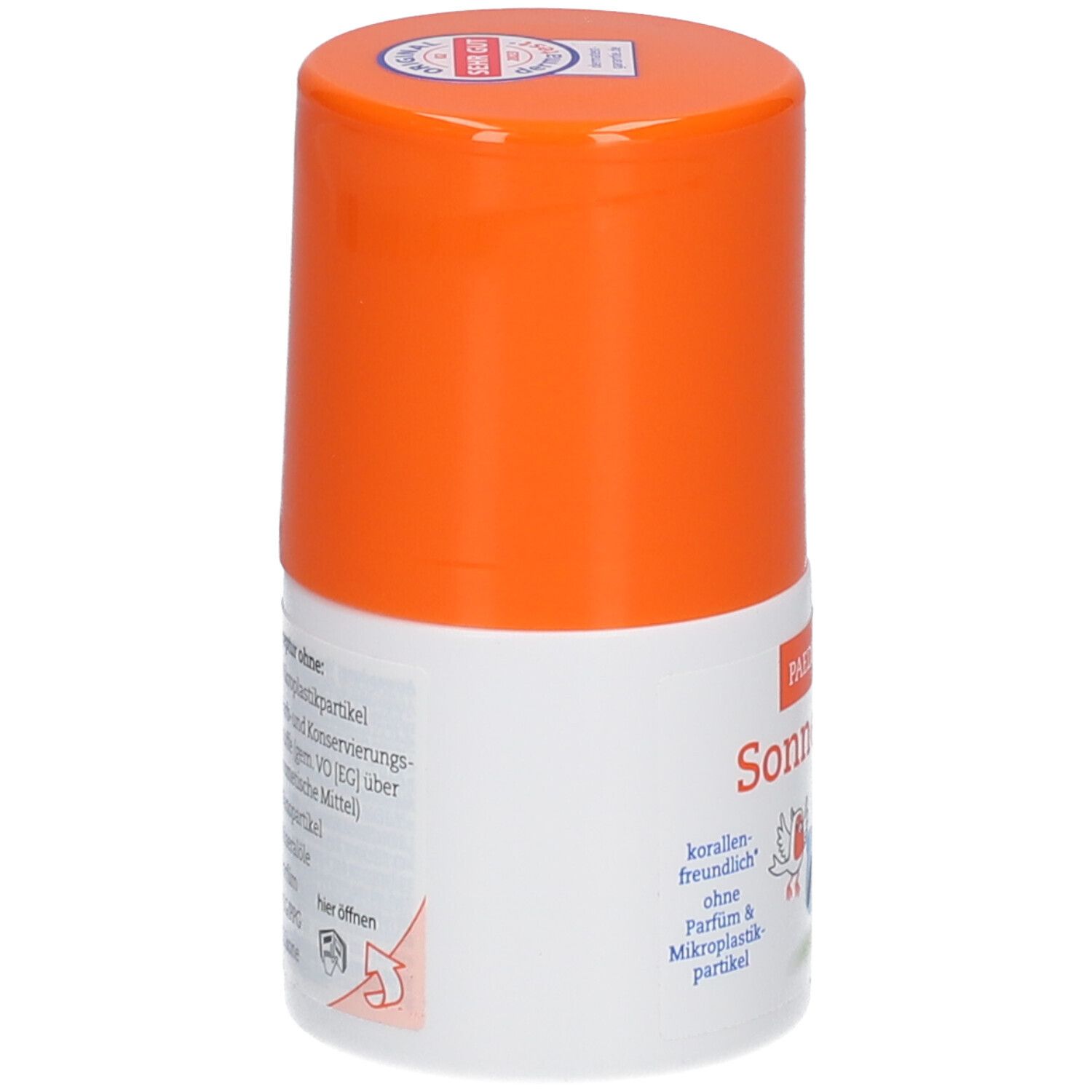 Roll-on solaire, blanc avec bouchon orange. Dos avec texte et pictogrammes. Inscription: PAEDIPROTECT Sonnenroller.