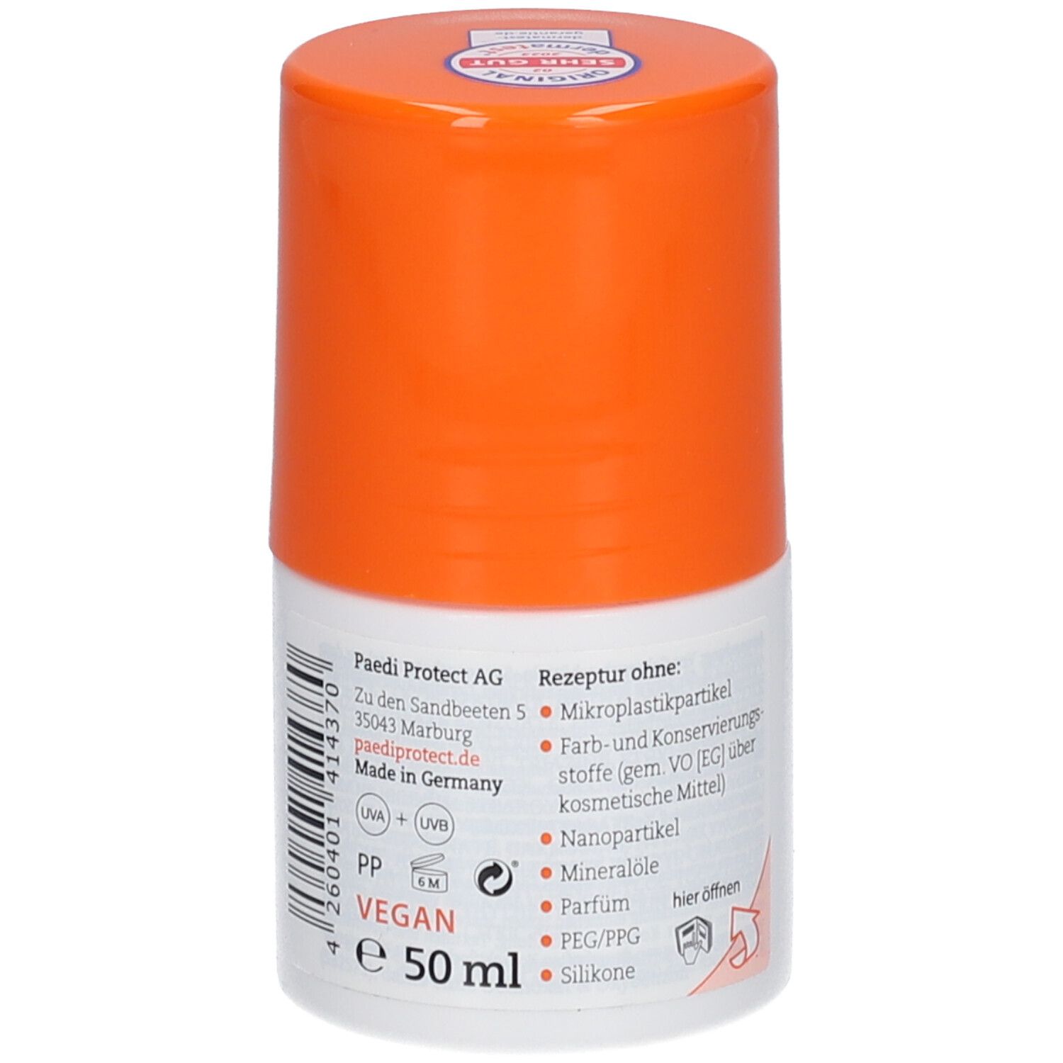 Roll-on solaire avec bouchon orange. Inscription: PAEDIPROTECT, Vegan, e 50 ml. Texte avec ingrédients et adresse du fabricant.