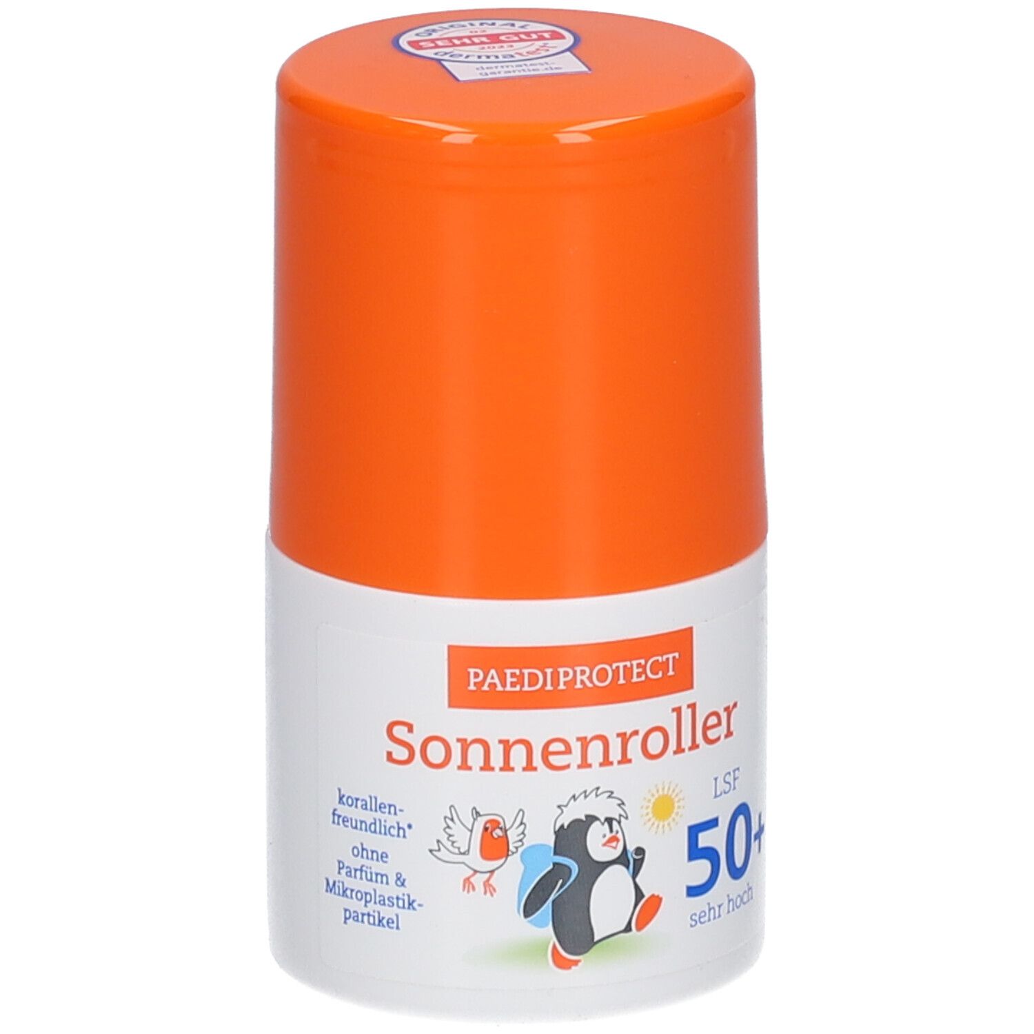 Roll-on solaire avec bouchon orange. Inscription: PAEDIPROTECT Sonnenroller LSF 50+. Illustrations: pingouin, oiseau, soleil.