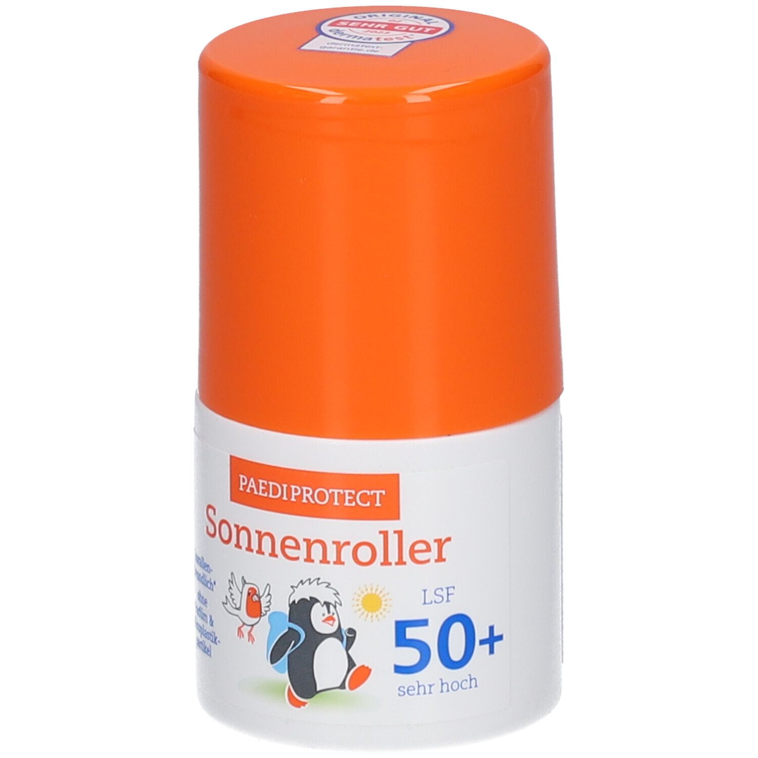 Roll-on solaire avec bouchon orange. Inscription: PAEDIPROTECT Sonnenroller LSF 50+. Illustrations: pingouin, oiseau, soleil.