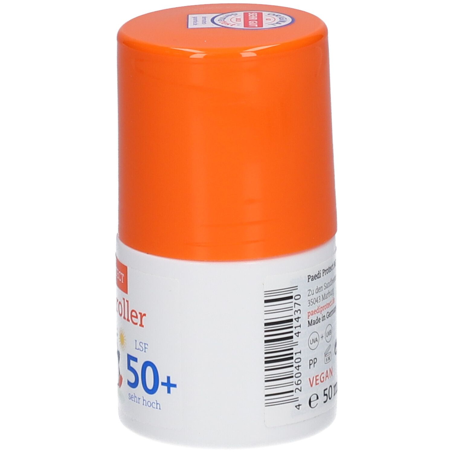Roll-on solaire avec bouchon orange. Inscription: PAEDIPROTECT Sonnenroller LSF 50+. Dos avec texte et code-barres.