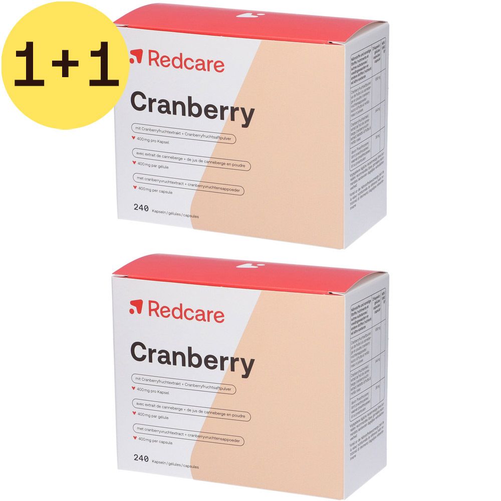 Deux boîtes de Redcare Vita Cranberry. Inscription: Cranberry, 240 gélules. Contient extrait et poudre de canneberge.