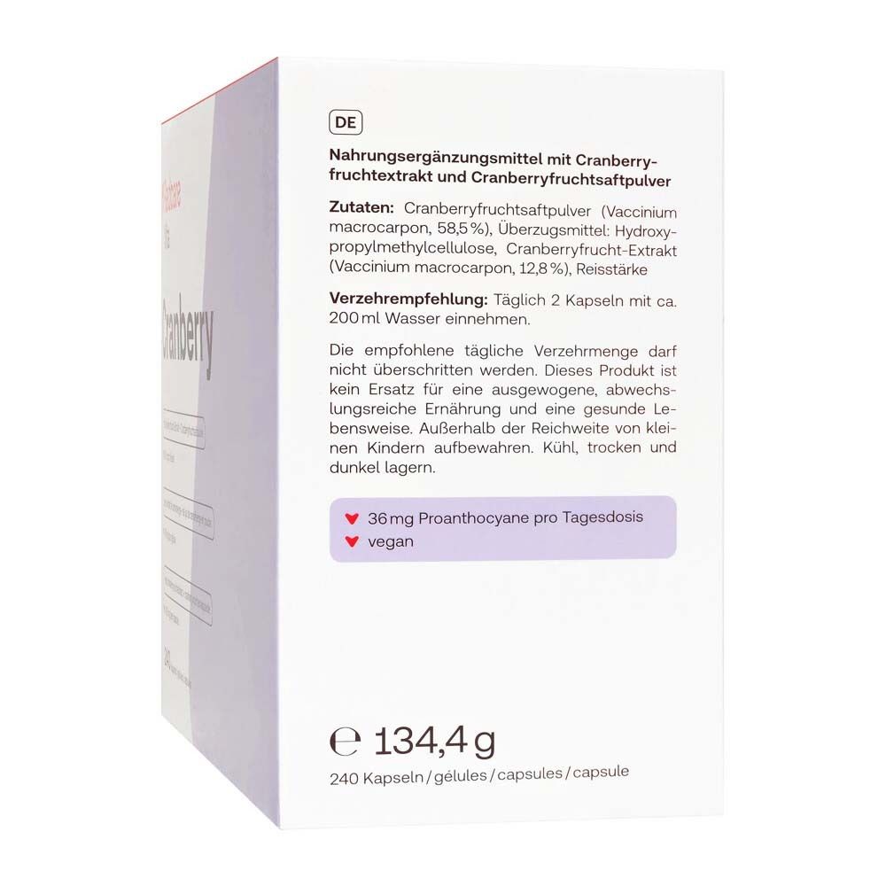 Dos de l'emballage Redcare Vita Cranberry. Contient des informations sur les ingrédients et le dosage. 240 gélules.