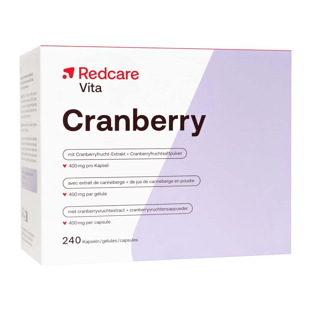Emballage Redcare Vita Cranberry. Blanc avec logo rouge et nom du produit. Contient 240 gélules. Vue de face.