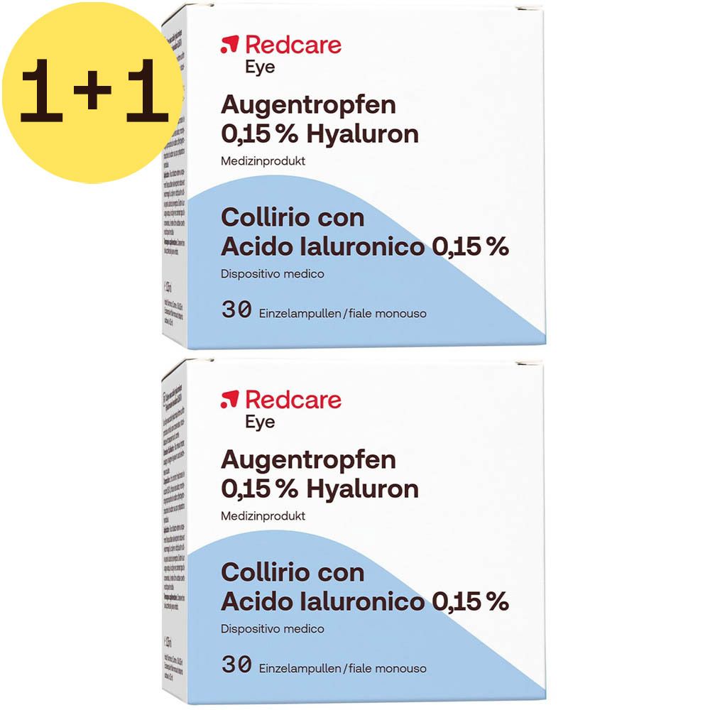 Deux boîtes de Redcare Eye Augentropfen 0,15 % Hyaluron. Dispositif médical. 30 unidoses.