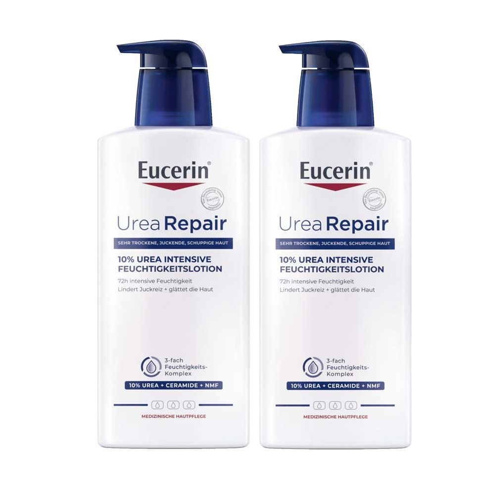 Deux flacons de lotion Eucerin UreaRepair PLUS 10 % avec distributeurs à pompe.