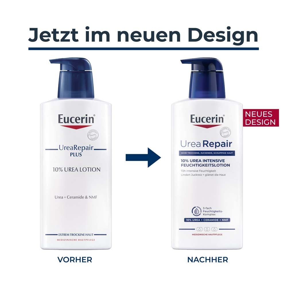 Comparaison de la lotion Eucerin UreaRepair PLUS 10 % dans son ancien et nouveau design.