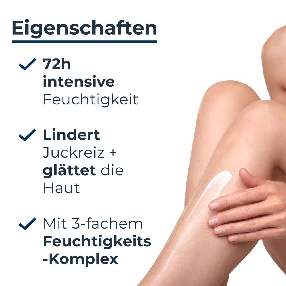 Application de la lotion Eucerin UreaRepair PLUS 10 % sur peau sèche.