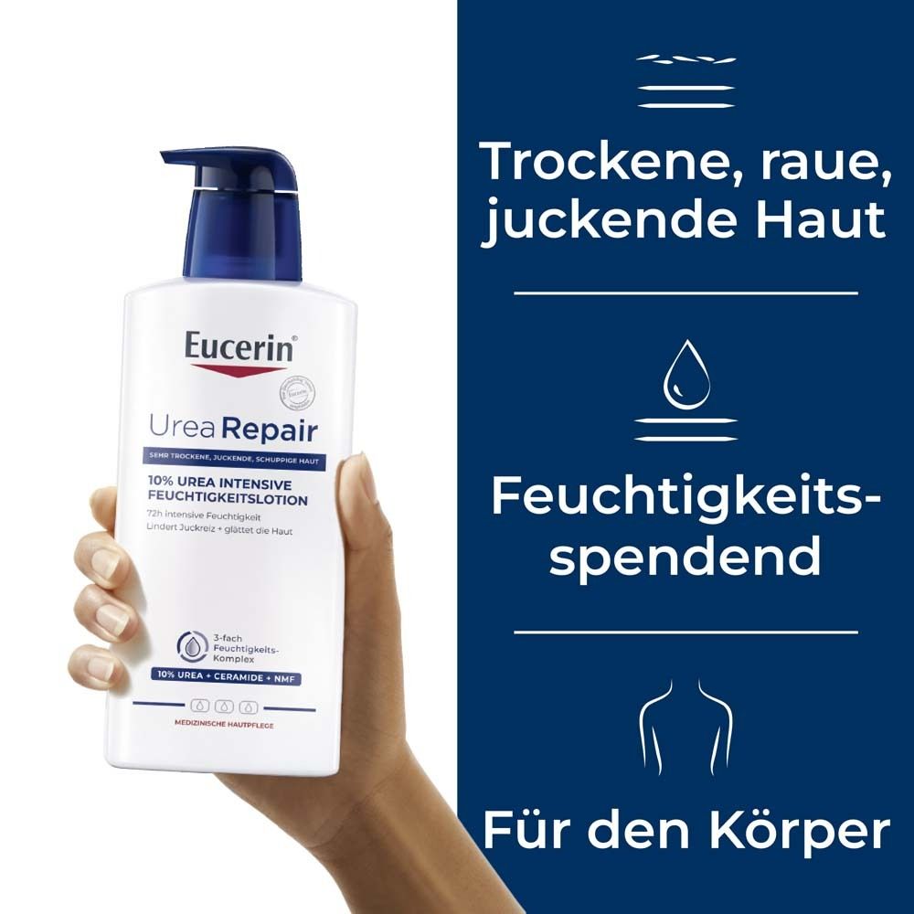 Une main tenant un flacon de lotion Eucerin UreaRepair PLUS 10 %.