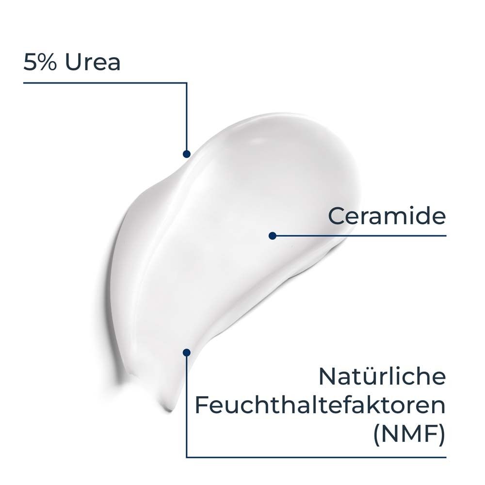 Échantillon de texture de la lotion Eucerin UreaRepair PLUS 10 % avec urée, céramide et NMF.