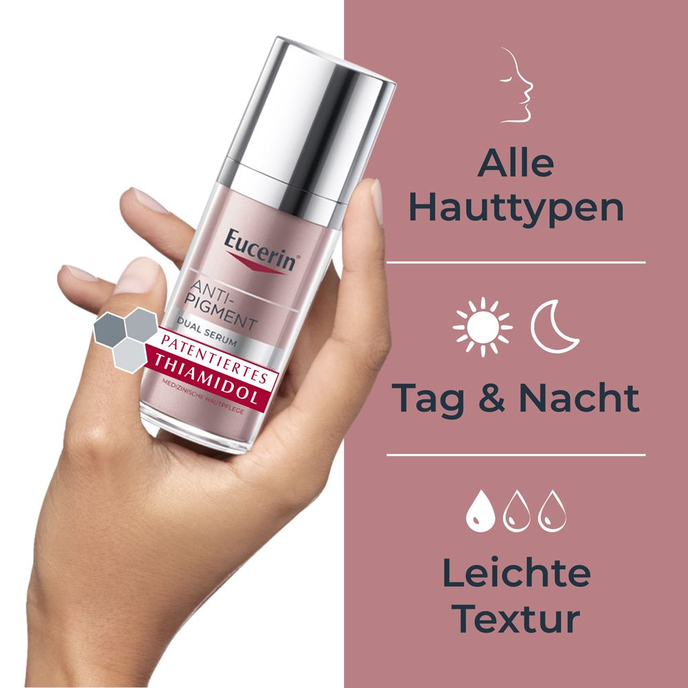 Main tenant Eucerin Anti-Pigment Dual Serum. Texte: Tous types de peau, jour et nuit, texture légère. Contient Thiamidol.