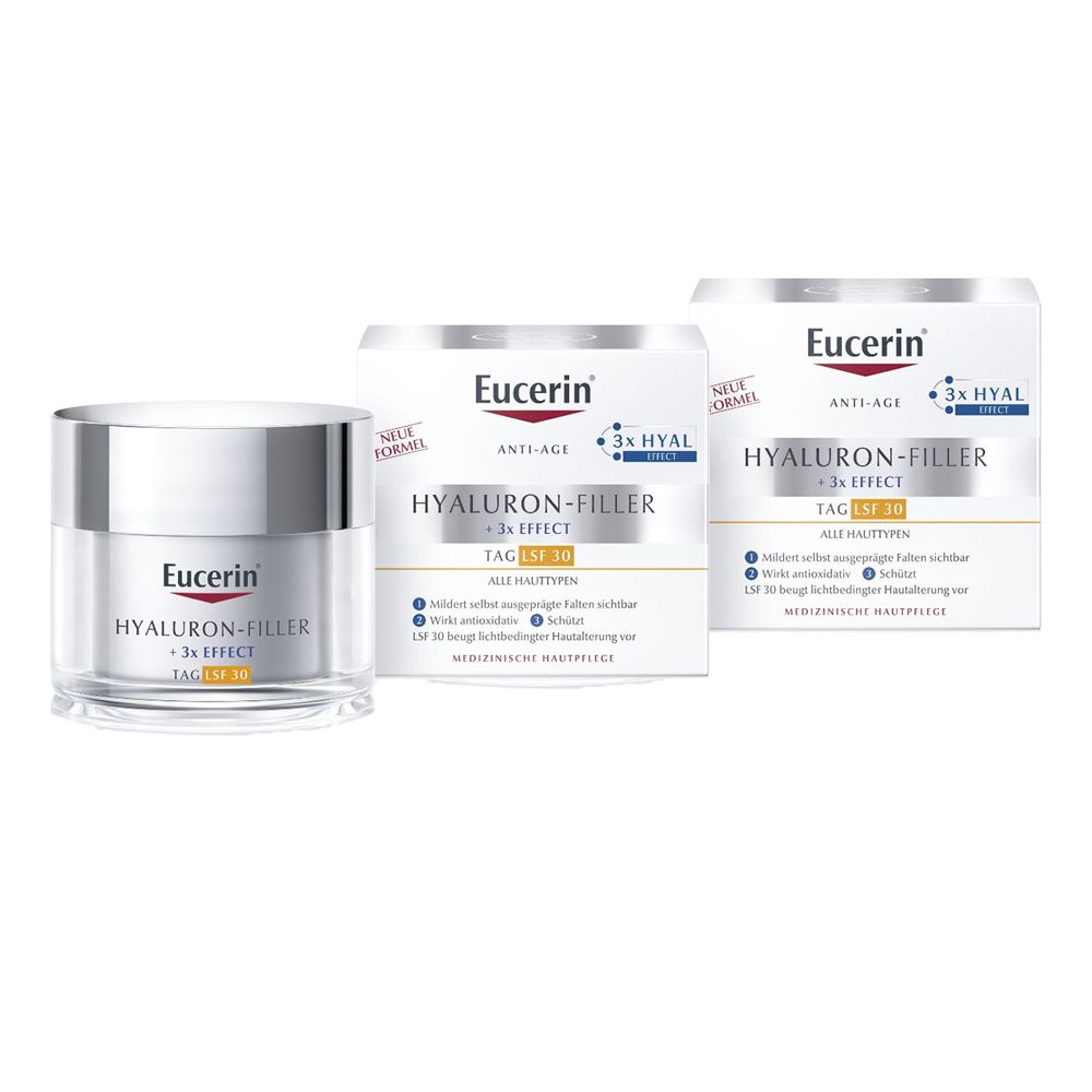 Drei Eucerin Hyaluron-Filler Tagespflege LSF 30 Produkte und Verpackungen.