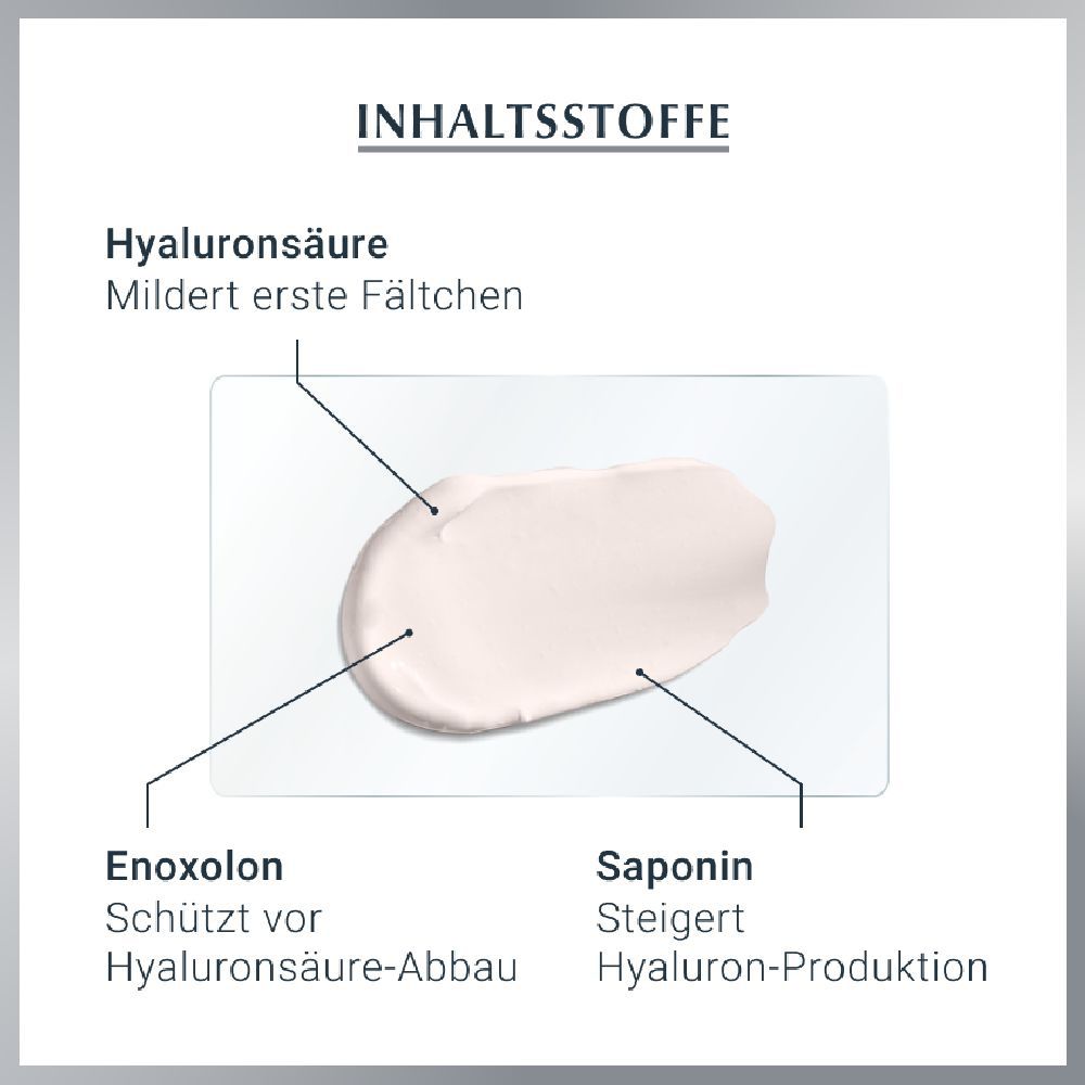 Inhaltsstoffe: Hyaluronsäure, Enoxolon, Saponin. Creme-Textur.