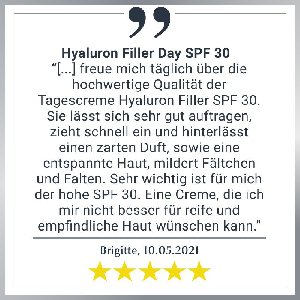 Testimonial: Hyaluron Filler Day SPF 30. Zitat über Qualität, Duft, Faltenreduktion.