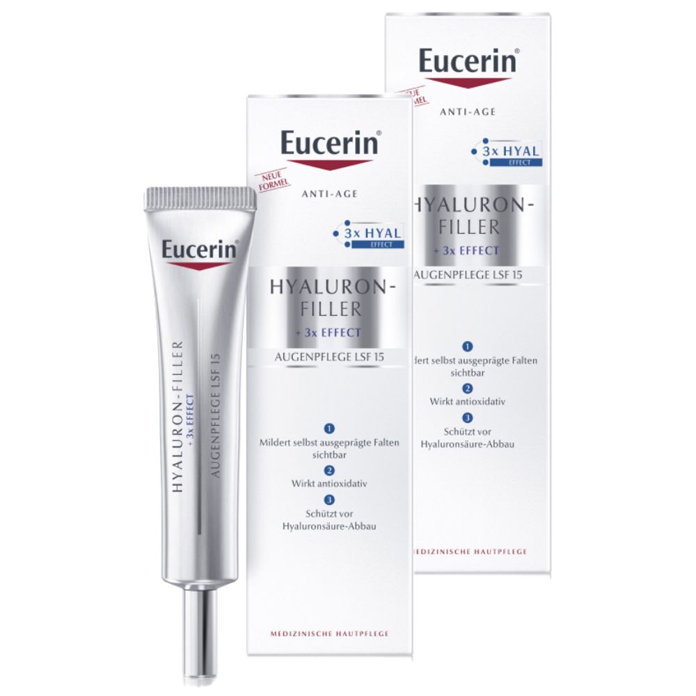Eucerin Hyaluron-Filler Augenpflege LSF 15. Tube et emballage. Nom du produit et logo visibles.