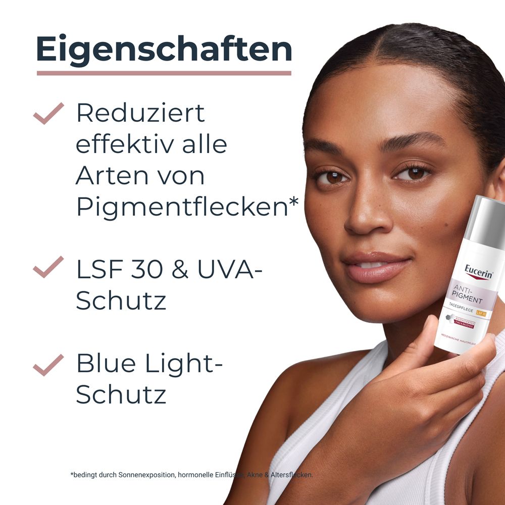 Frau hält Eucerin Anti-Pigment Tagespflege LSF 30. Text: Reduziert effektiv alle Arten von Pigmentflecken, LSF 30 & UVA-Schutz, Blue Light-Schutz.