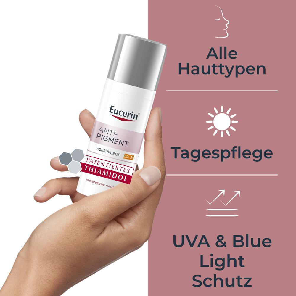 Hand hält Eucerin Anti-Pigment Tagespflege LSF 30. Text: Alle Hauttypen, Tagespflege, UVA & Blue Light Schutz.