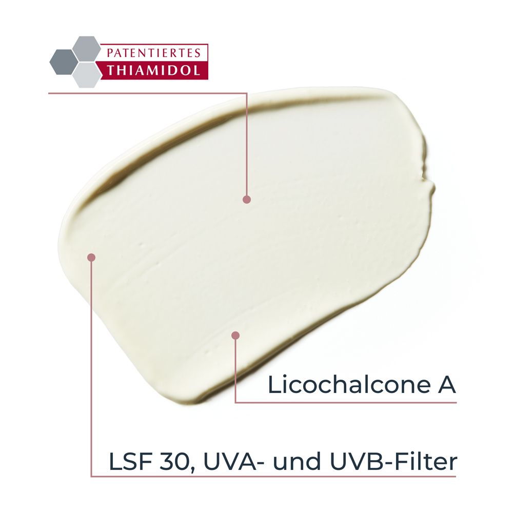 Produktprobe von Eucerin Anti-Pigment Tagespflege LSF 30. Text: LSF 30, UVA- und UVB-Filter, Licochalcone A.