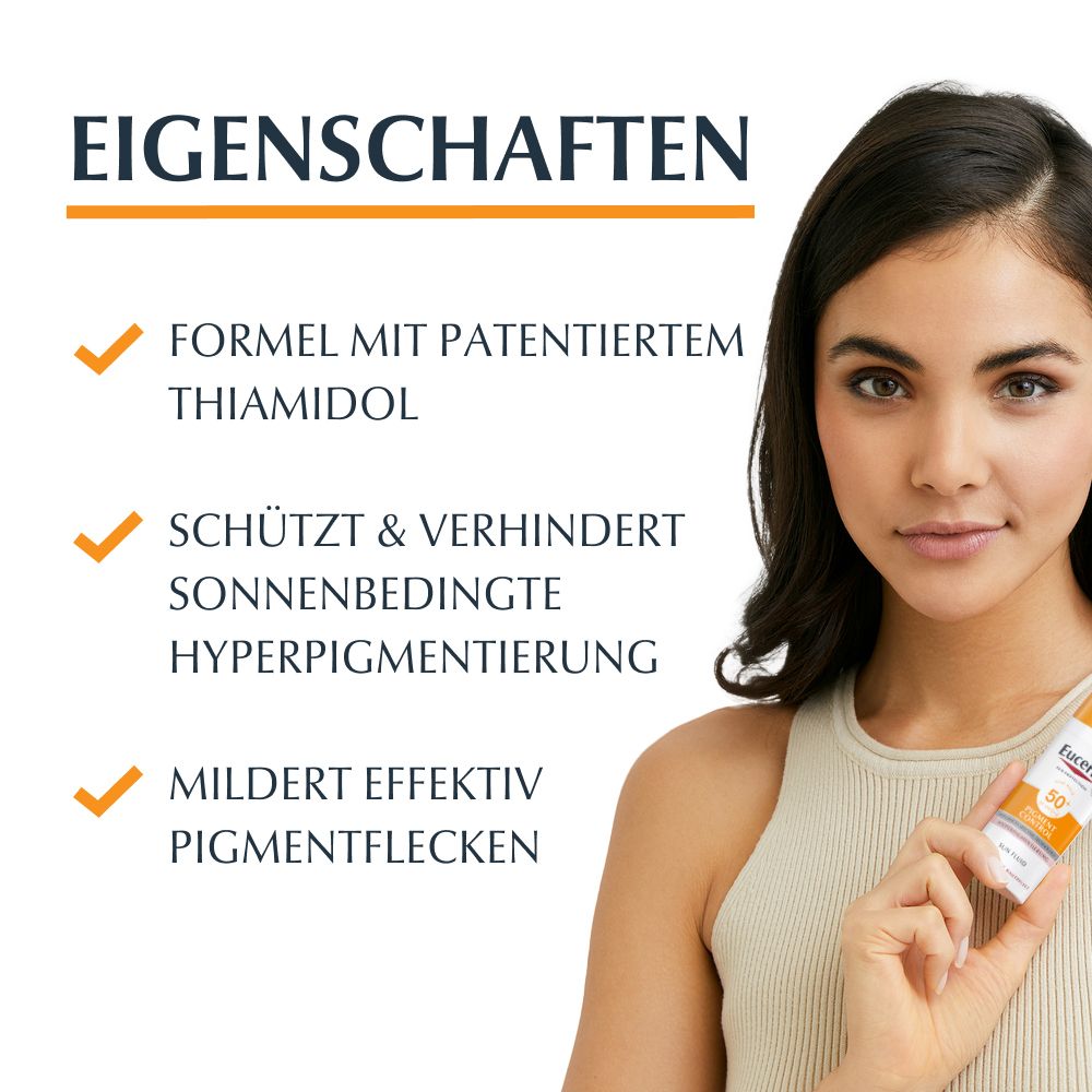 Frau hält Eucerin Pigment Control Sun Fluid LSF 50+. Text mit Eigenschaften: Thiamidol, schützt, mildert Pigmentflecken.