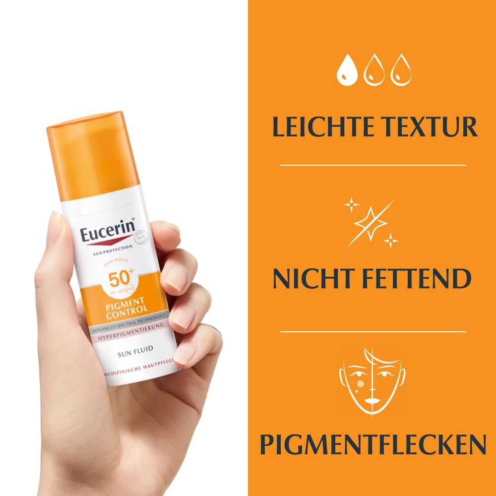 Hand hält Eucerin Pigment Control Sun Fluid LSF 50+. Text: leichte Textur, nicht fettend, gegen Pigmentflecken.