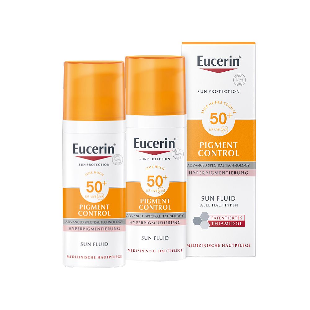 Eucerin Pigment Control Sun Fluid LSF 50+ in Verpackung und Flaschen. Sonnenschutzmittel für alle Hauttypen.