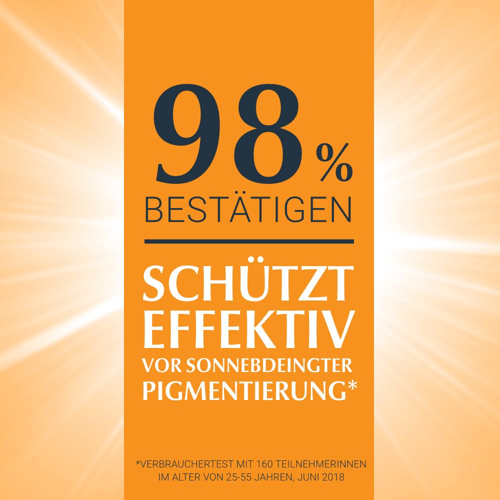 Text mit 98% bestätigen, schützt effektiv vor sonnenbedingter Pigmentierung. Auf orangefarbenem Hintergrund.