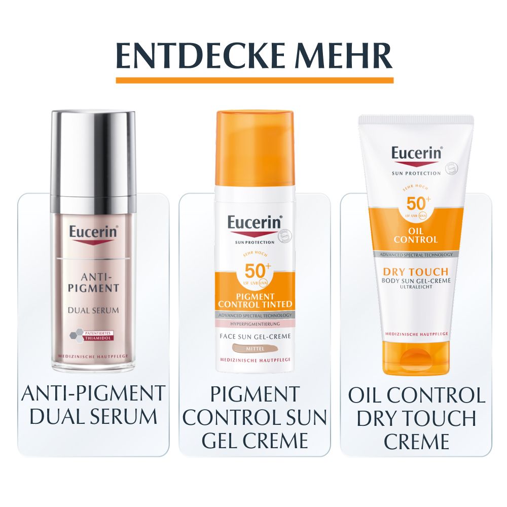 Eucerin Anti-Pigment Dual Serum, Pigment Control getönte Sonnencreme, Oil Control Dry Touch Creme. Auf weißem Hintergrund.