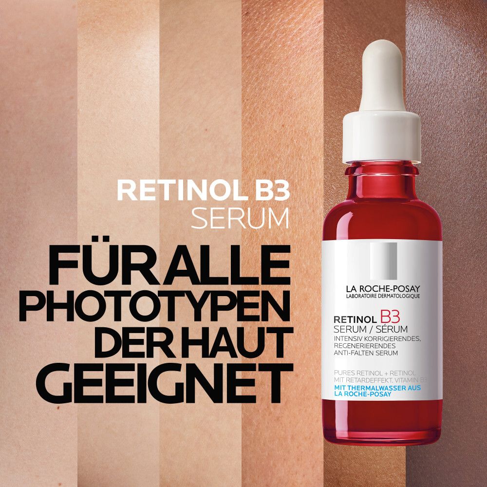 La Roche-Posay Retinol B3 Serum. Flacon rouge avec pipette. Convient à tous les phototypes de peau. Texte : Retinol B3 Serum.