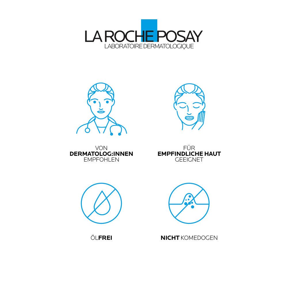 Logo La Roche-Posay et icônes. Recommandé par les dermatologues, convient aux peaux sensibles. Sans huile, non comédogène.