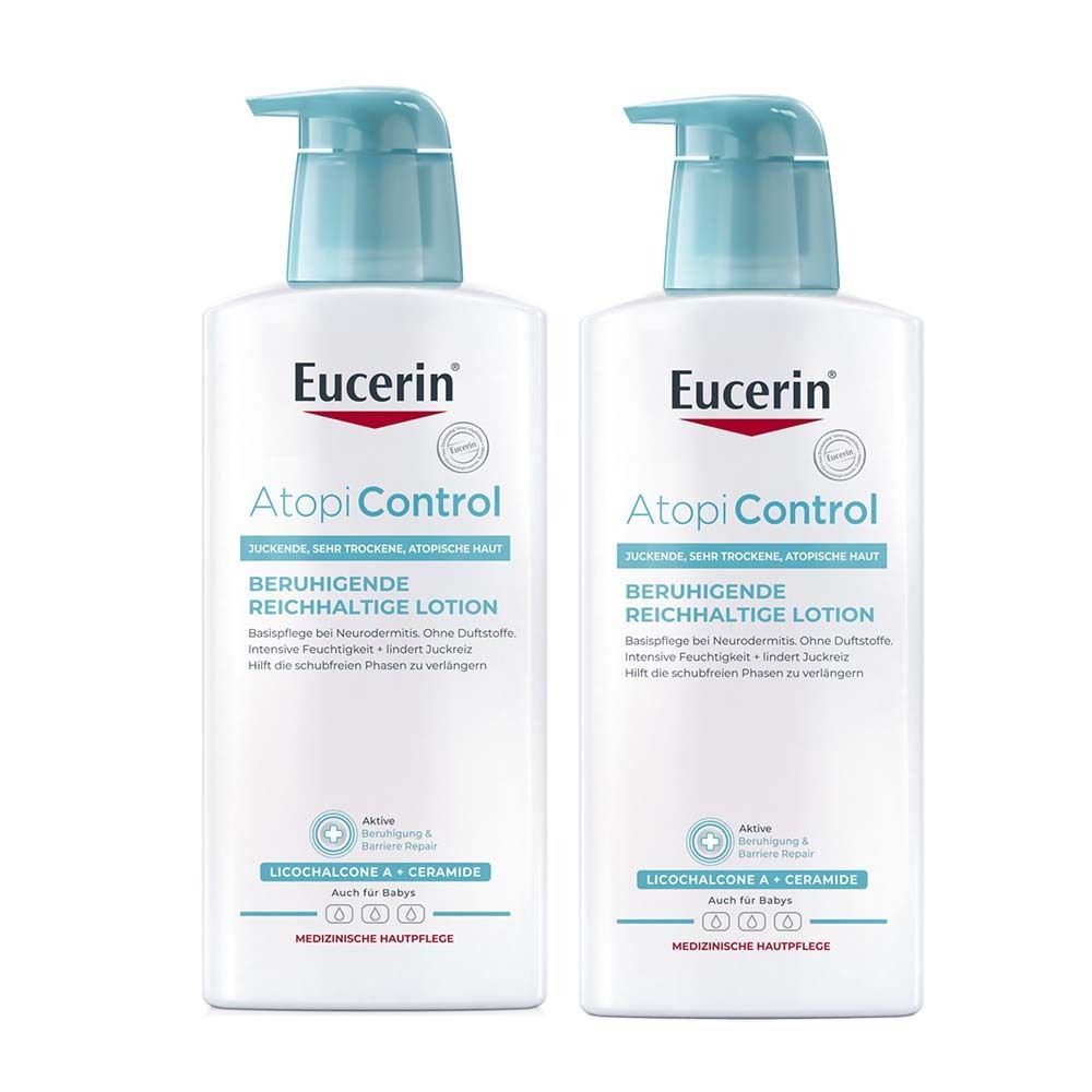 Deux flacons de lotion Eucerin AtopiControl avec pompe bleue. Inscription : Lotion riche apaisante.
