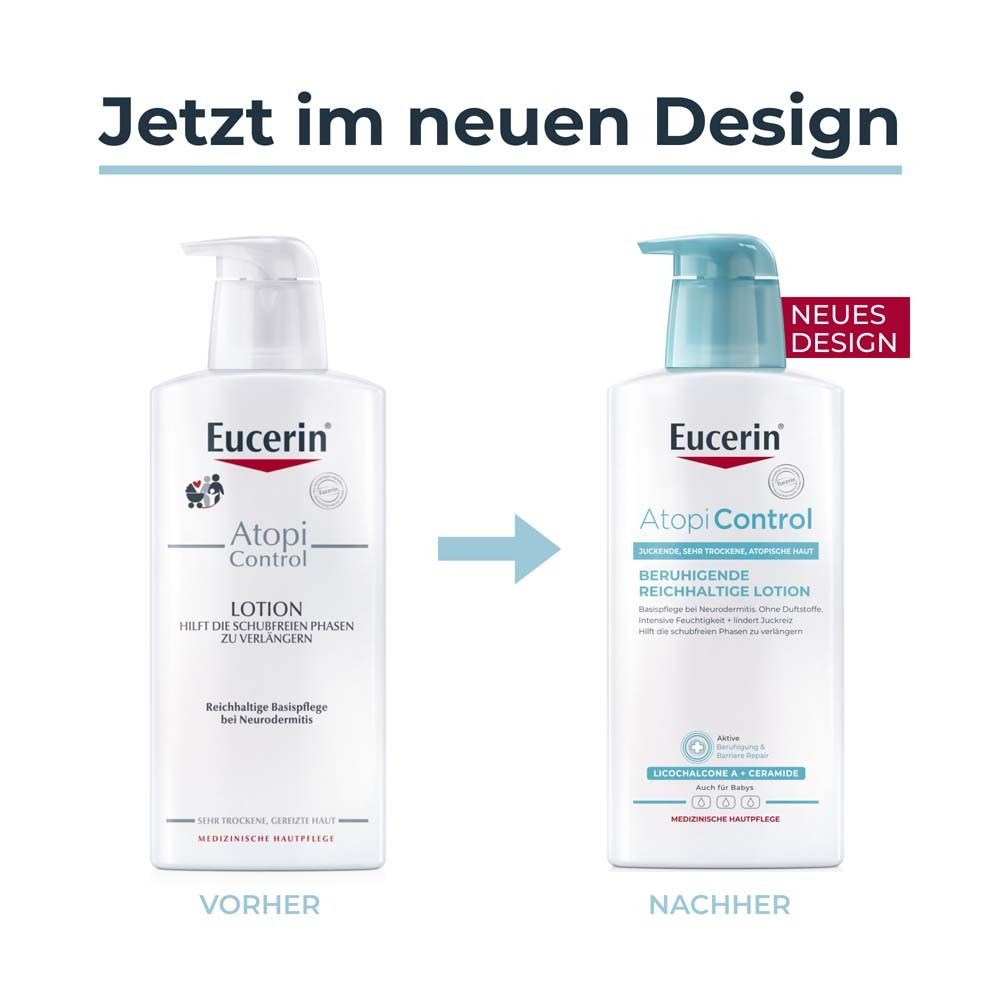 Comparaison de la lotion Eucerin AtopiControl. Gauche : ancien design. Droite : nouveau design avec pompe bleue.