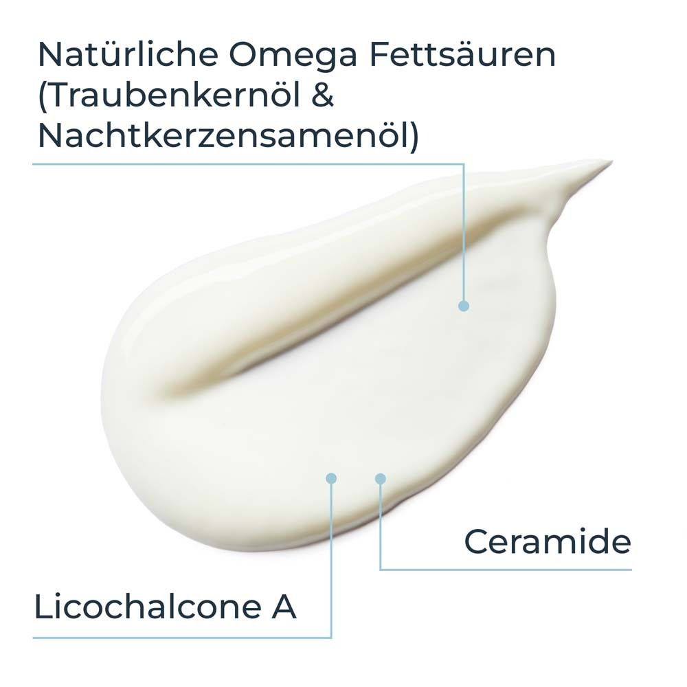 Gros plan d'une goutte de crème. Texte : Acides gras oméga naturels, Licocalcone A, Céramides.