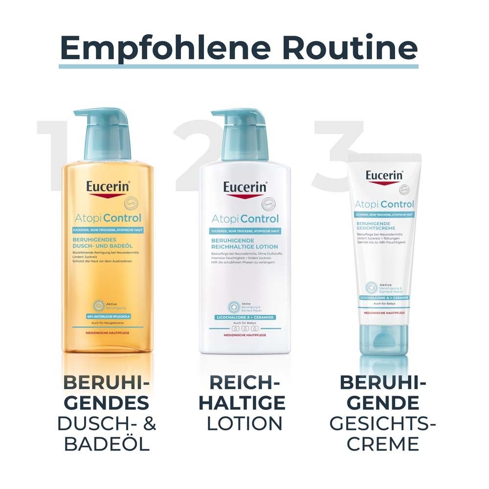 Routine recommandée : Huile de douche et bain, lotion riche, crème visage. Tous les produits Eucerin AtopiControl.