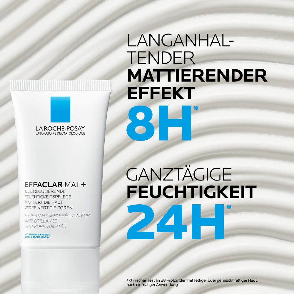 Tube blanc EFFACLAR MAT+ avec rectangle bleu. Texte: Effet matifiant longue durée 8H, hydratation 24H. Texte sur fond blanc.