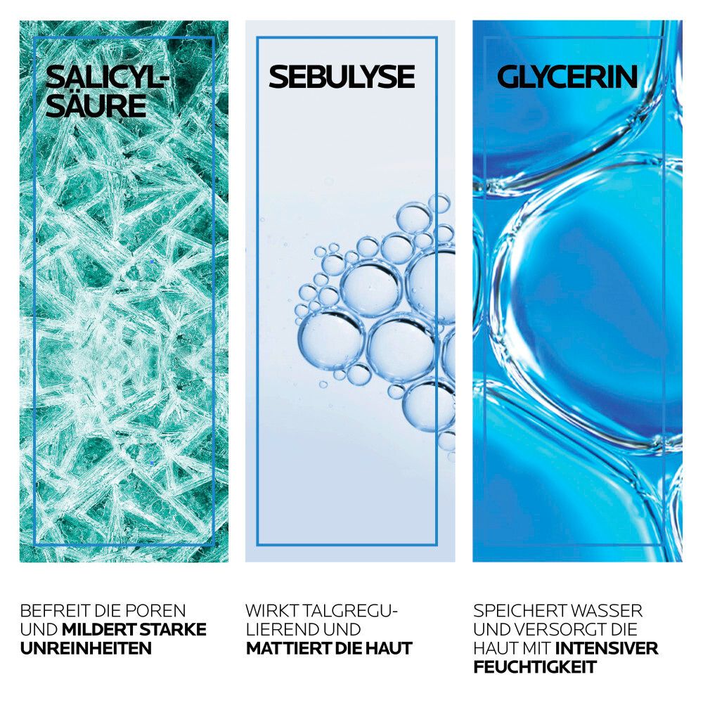 Trois zones de texte: Acide salicylique, Sebulyse, Glycérine. Descriptions: Libère les pores, régule le sébum, stocke l'eau. Effets glace et eau en fond.