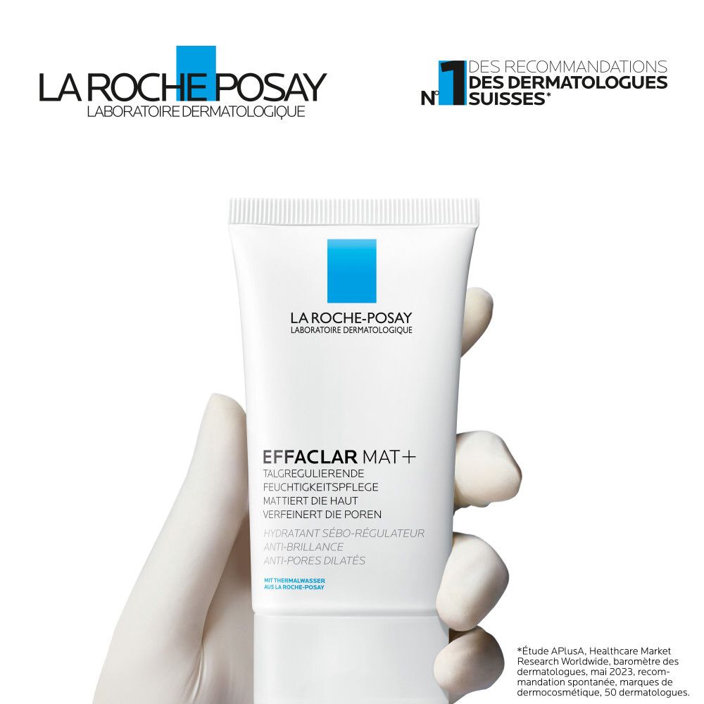 Main tenant un tube EFFACLAR MAT+. Logo La Roche-Posay. Texte: Soin hydratant sébo-régulateur. Matifie la peau, affine les pores. Recommandé par les dermatologues.