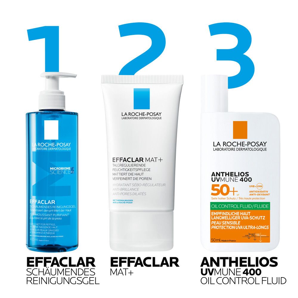Trois produits: Gel moussant EFFACLAR, EFFACLAR MAT+, Anthelios UVmune 400. Produits numérotés. Texte: Gel nettoyant moussant, soin hydratant, fluide contrôle huile.