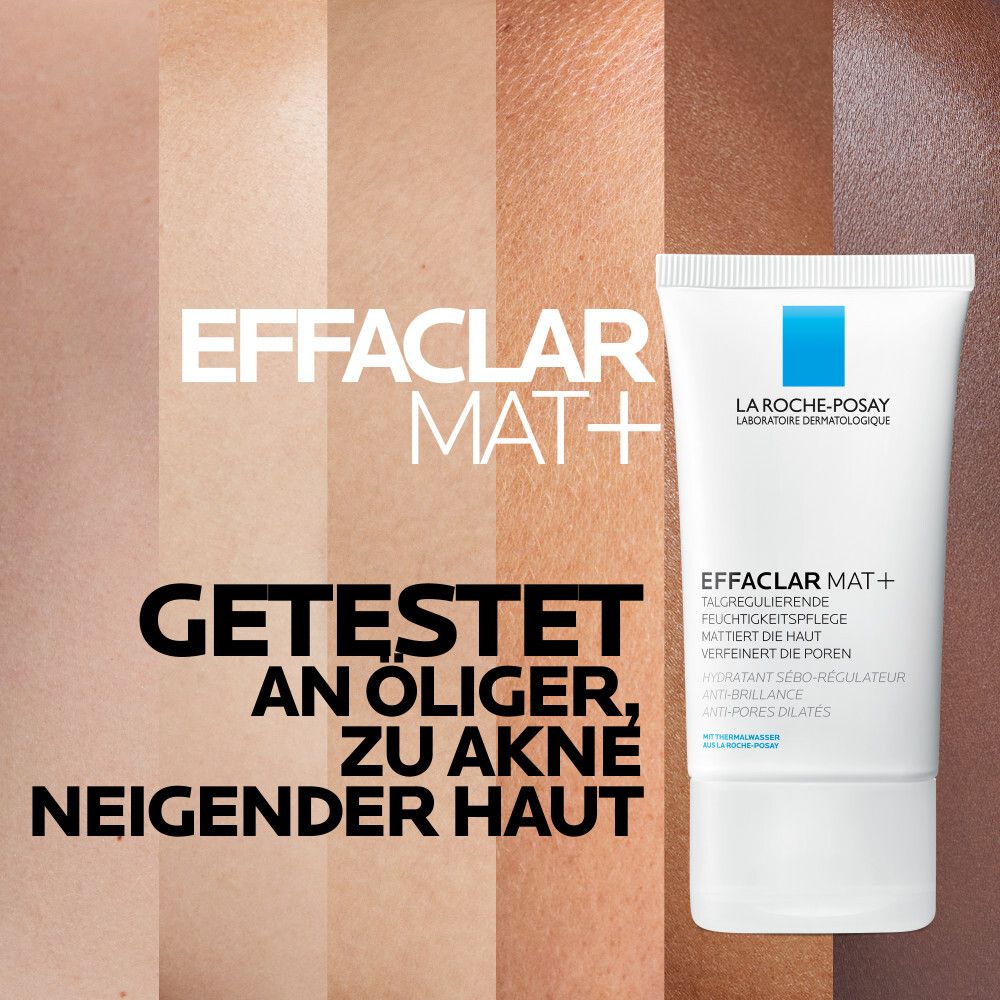 Tube EFFACLAR MAT+ devant des tons de peau. Texte: Testé sur peau grasse à tendance acnéique. Texte et produit sur fond clair.