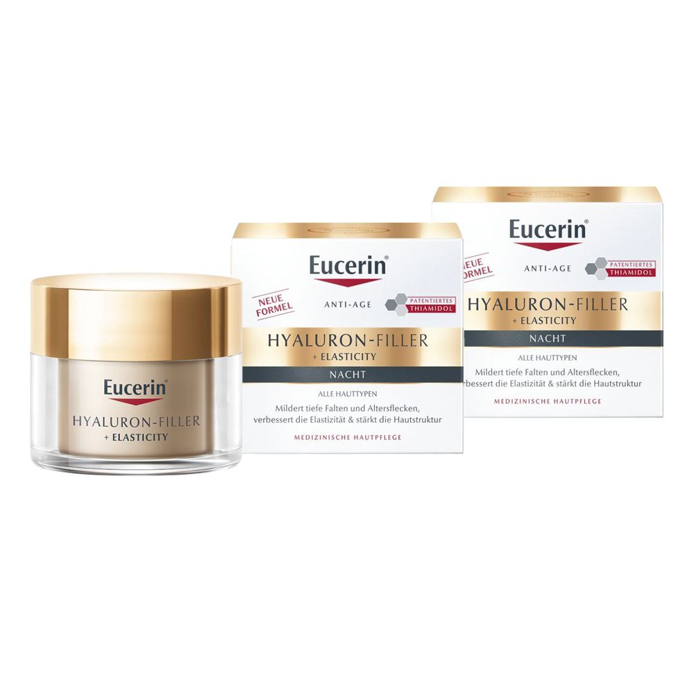 Pot et emballage de crème. Eucerin Hyaluron-Filler + Elasticity Nachtpflege. Pot doré, emballage blanc.