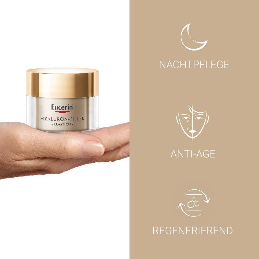 Main tenant un pot Eucerin Hyaluron-Filler + Elasticity Nachtpflege. Symboles: Soin de nuit, Anti-âge, régénérant.