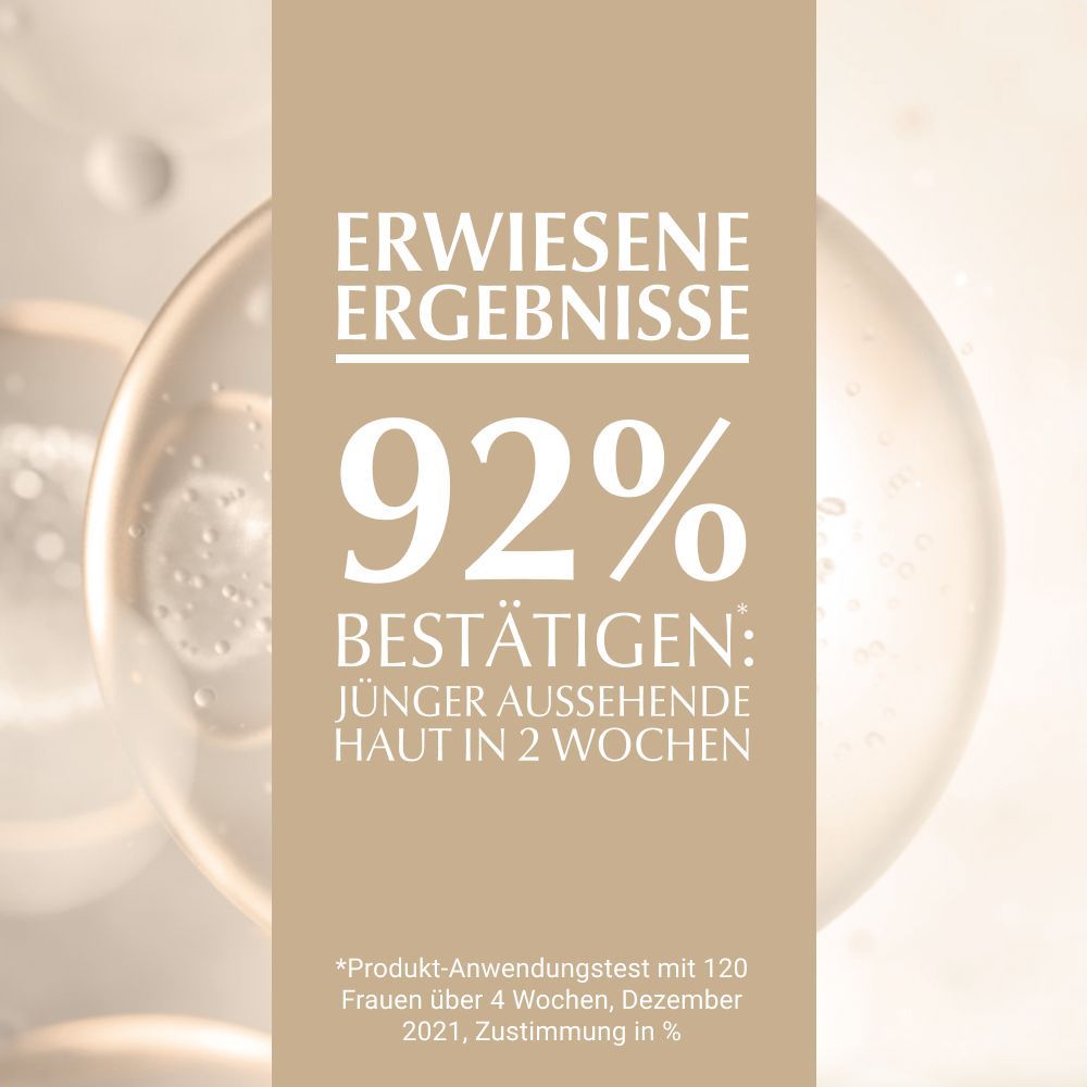 Texte: 92% confirment: Peau plus jeune en 2 semaines. Fond avec bulles.