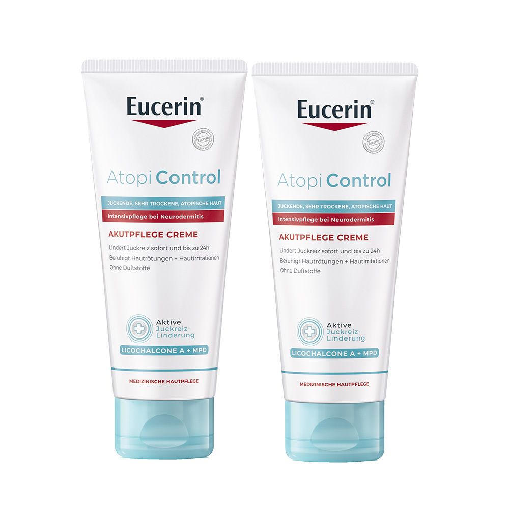 Deux tubes de crème Eucerin AtopiControl Akutpflege. Tubes blancs avec bouchons bleus et informations.