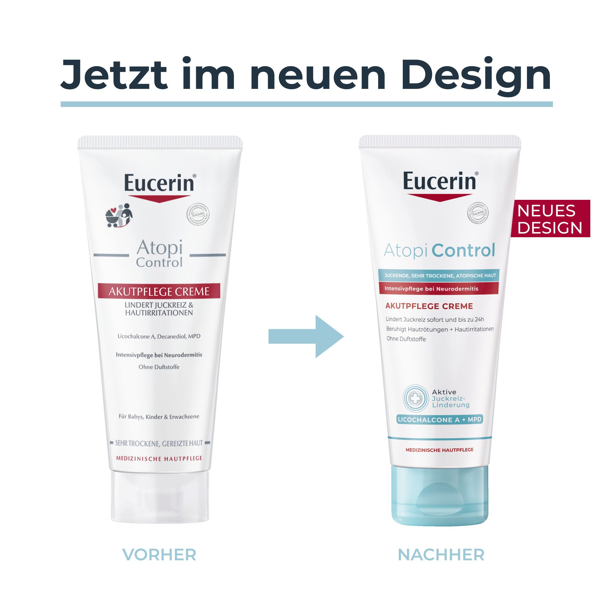 Comparaison avant-après. Tubes de crème Eucerin AtopiControl. Nouveau design, texte : Maintenant dans un nouveau design.