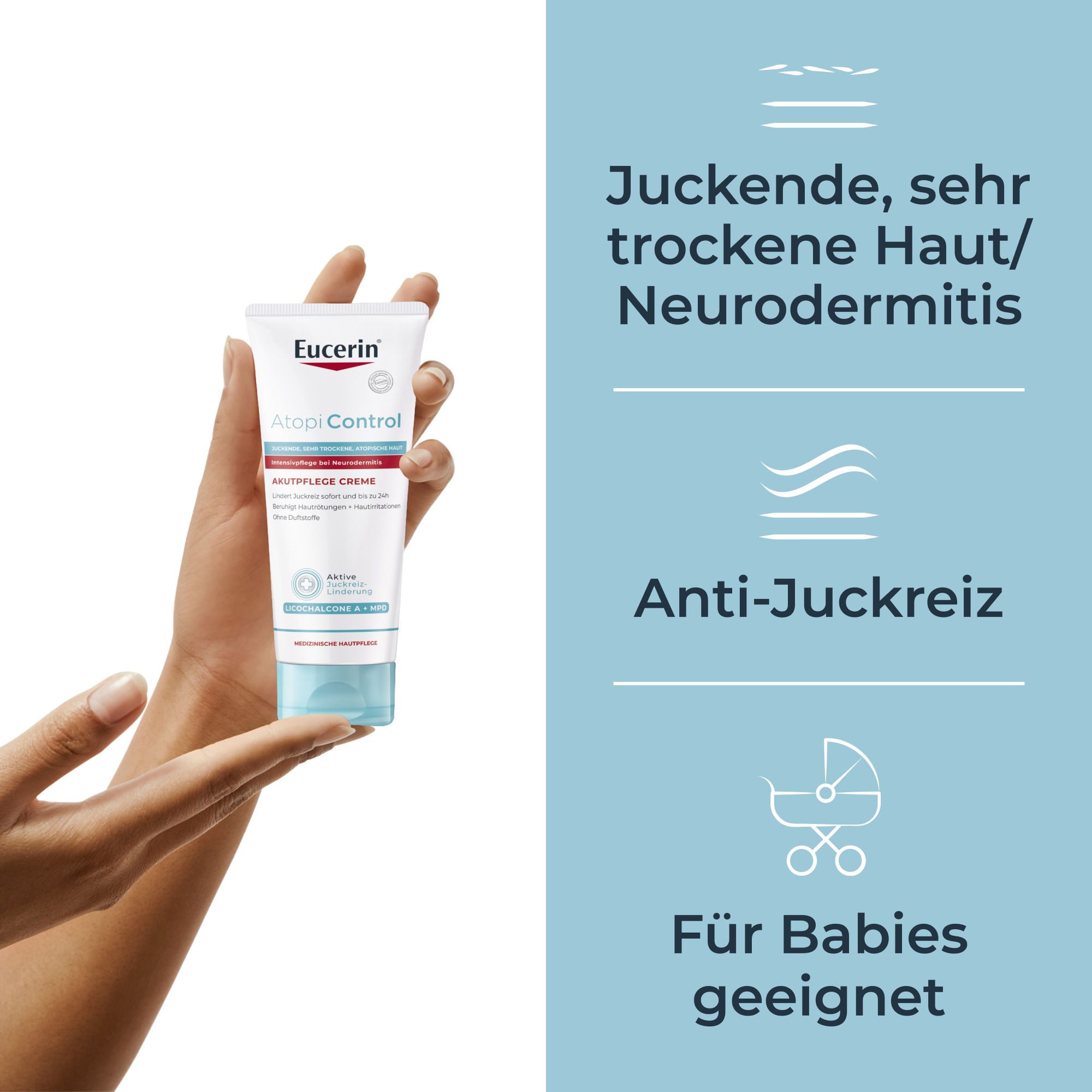 Crème Eucerin AtopiControl dans la main. Texte : Peau très sèche/eczéma. Anti-démangeaisons. Convient aux bébés.