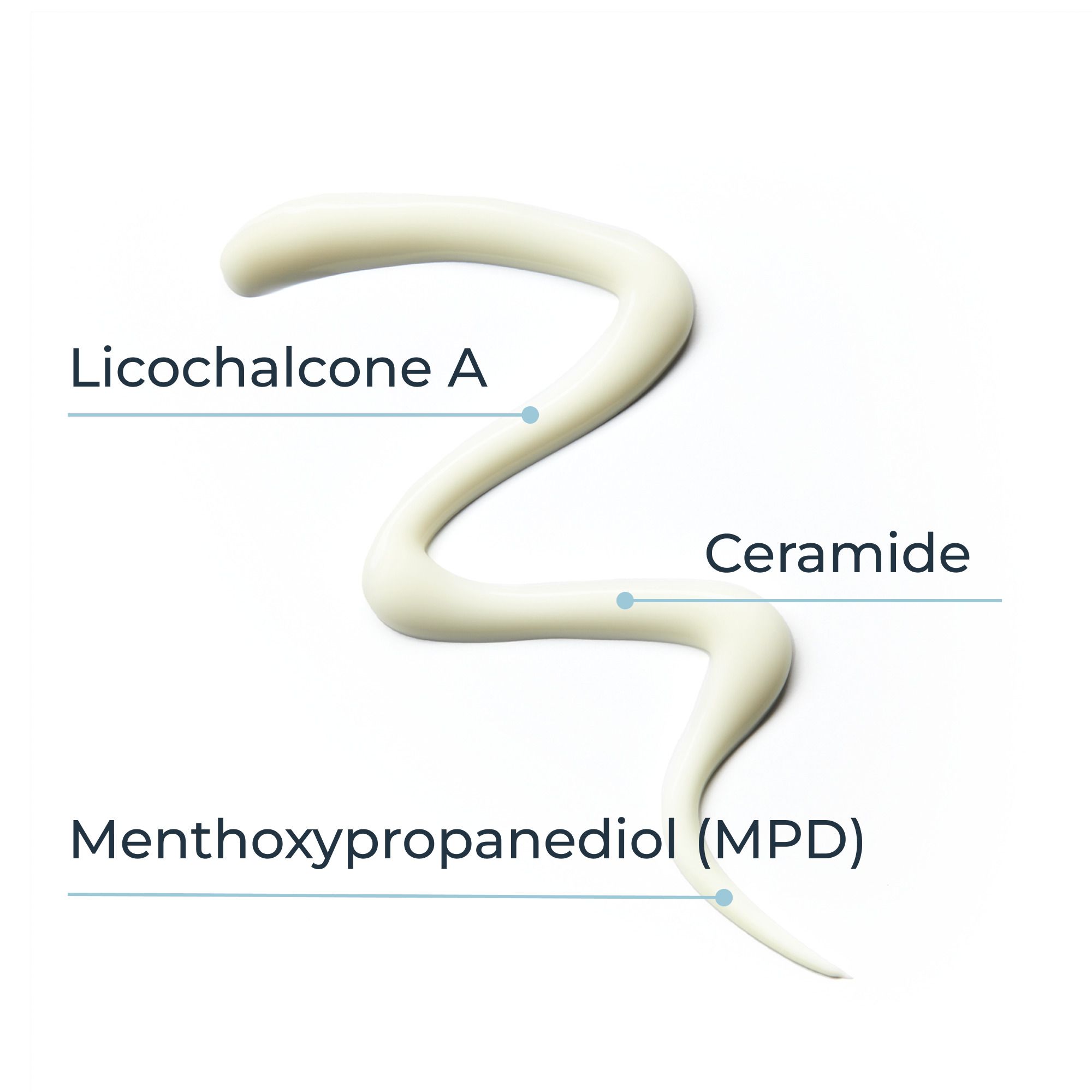 Ingrédients du produit : Licocalcone A, Céramide, Menthoxypropanediol (MPD). Fil de crème blanche.